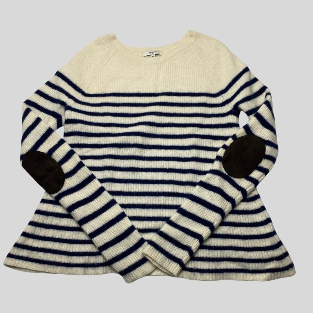MADEWELL Striped Elbow Patch Stadium Crewneck Sweater Size L